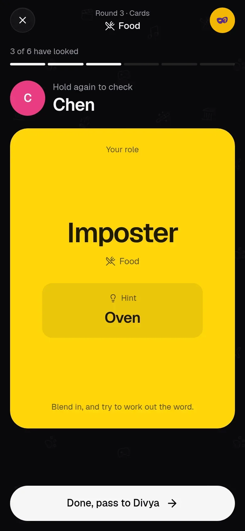 Imposter Who's hold-to-reveal imposter card on a phone