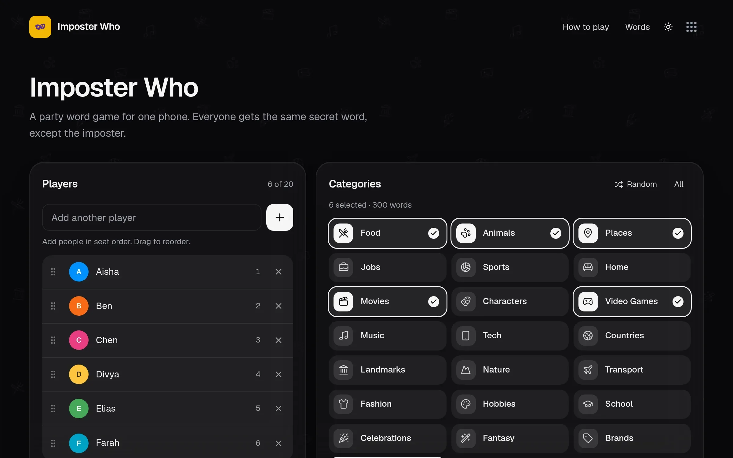 Imposter Who lobby with players, word categories and game rules