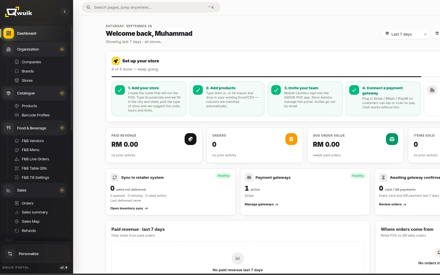 Qwuik admin dashboard with store setup steps, revenue and orders