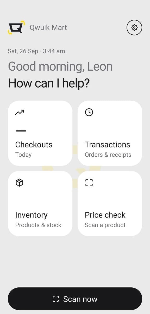 Qwuik POS home screen with checkout, transactions, inventory and price check