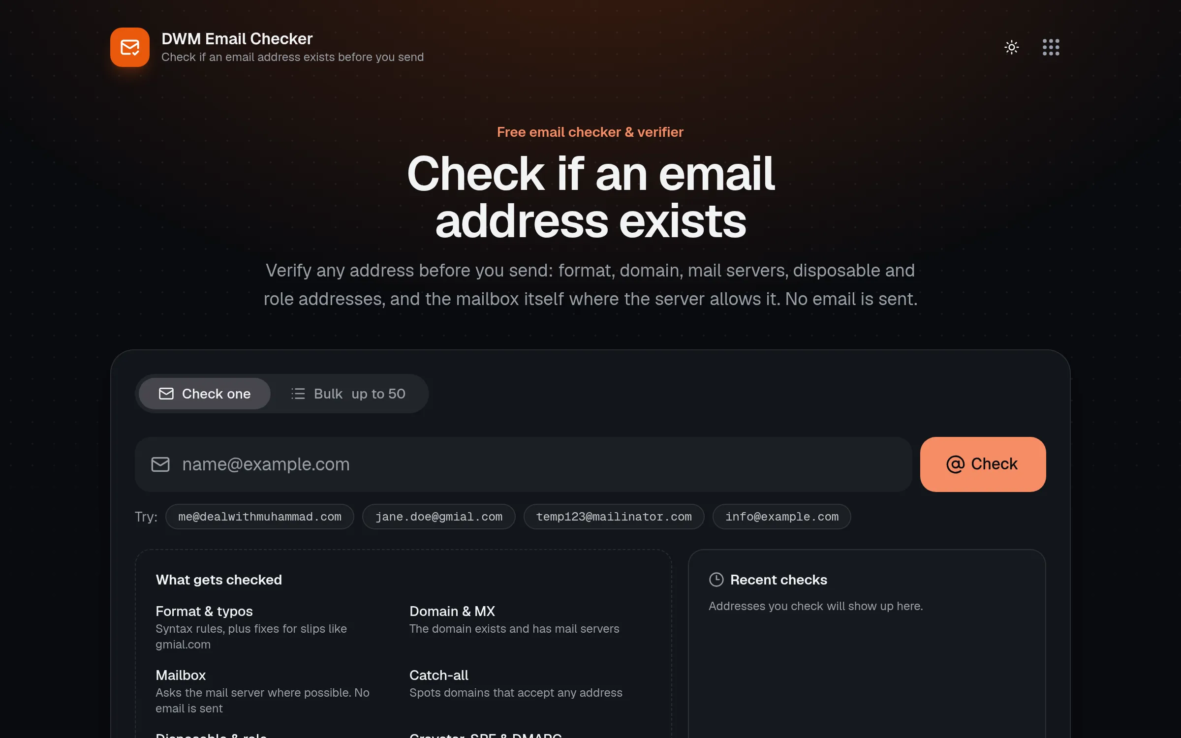 DWM Email Checker with an email field and a verdict card