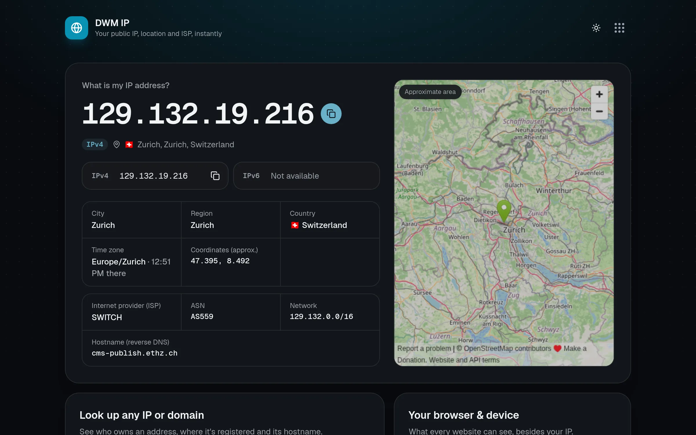 DWM IP showing a public IP address, location, ISP and a map