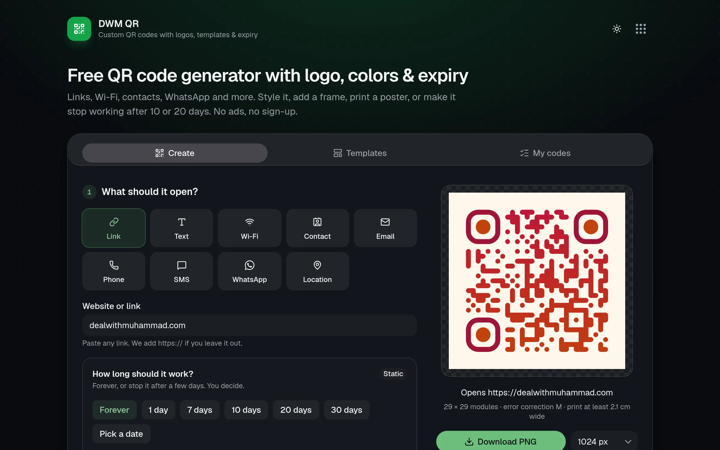 DWM QR with content types, style options and a live QR preview